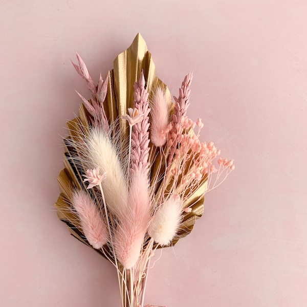 Gold and pink dried flower cake topper, gold palm spear bunch, flowers for cake decoration