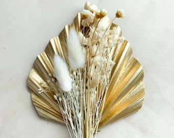 Mini gold dried flower palm set, gold palm spear and white flowers, cake topper, flowers for cake decoration