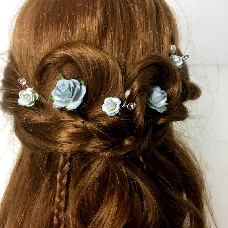 Blue Hair Pins Set, Wedding Hair Pins, Bridal Hair Accessories, Something Blue, Blue Rose Bridal Hair Clips, Rustic Hair Accessories image 1