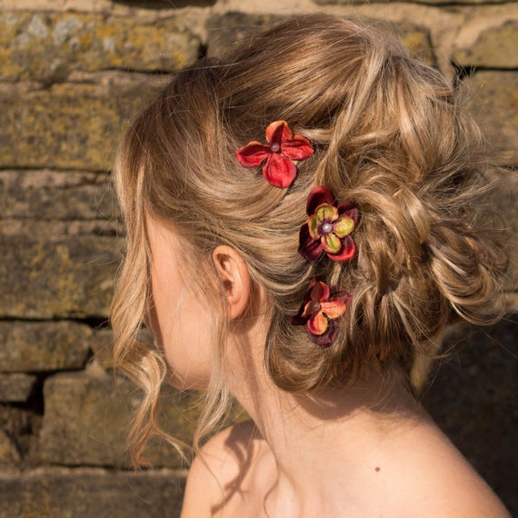 Autumn Red Hydrangea Hair Clips Autumn Wedding Hair Slides Etsy