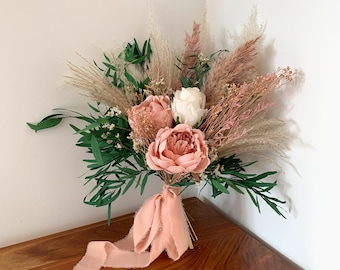 Dusky pink wedding bouquet, artificial peonies and rose eucalyptus dried flower bridal bouquet, destination wedding, boho bride