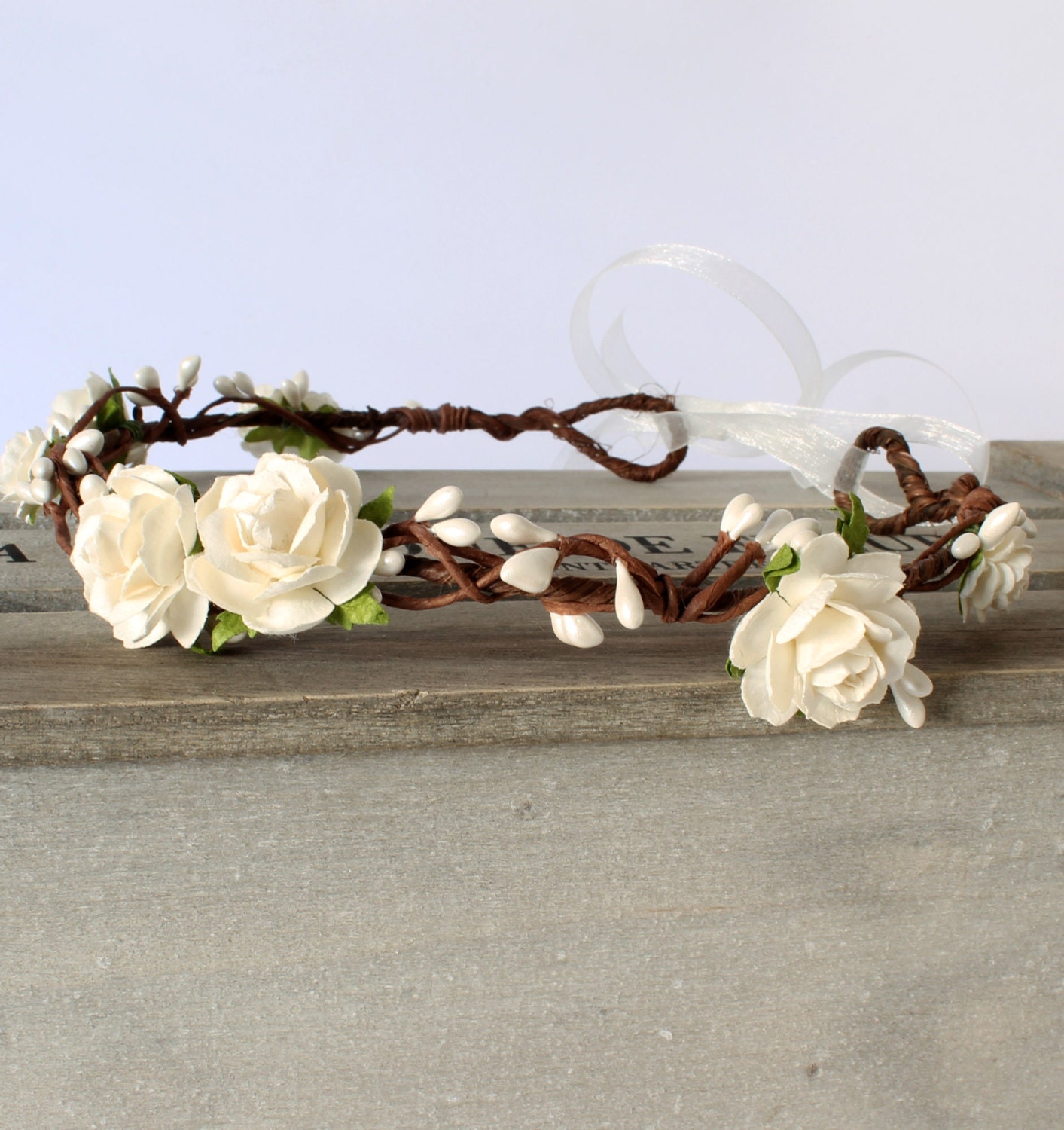 Alexandra hand crafted Flower Crown in white cream Natural White and Green Flower Crown main image 2