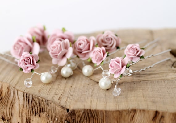 Blush Pink Hair Pin Set, Dusky Pink Wedding Hair Pins, Bridal Hair