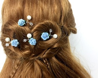 Blue Rose Hair Pins, Wedding Hair Pins, Bridal Hair Accessories, Bridesmaid Hair Pins, Rose and Pearl Hair Pins, Something Blue