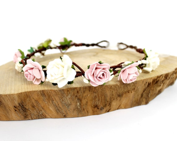 Blush Flower Crown, Dusky Pink Floral Halo, Wedding Floral Crown, Bridal Hair Garland, Boho wedding flowers for hair, flower headband