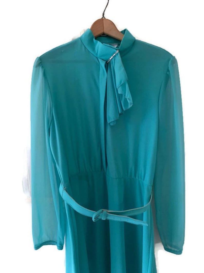 Blair Turquoise Shirt Waist Dress with Belt Rhinestone Flounce Neck Vintage 1970/'s Puffy Shoulder Sheer Sleeves