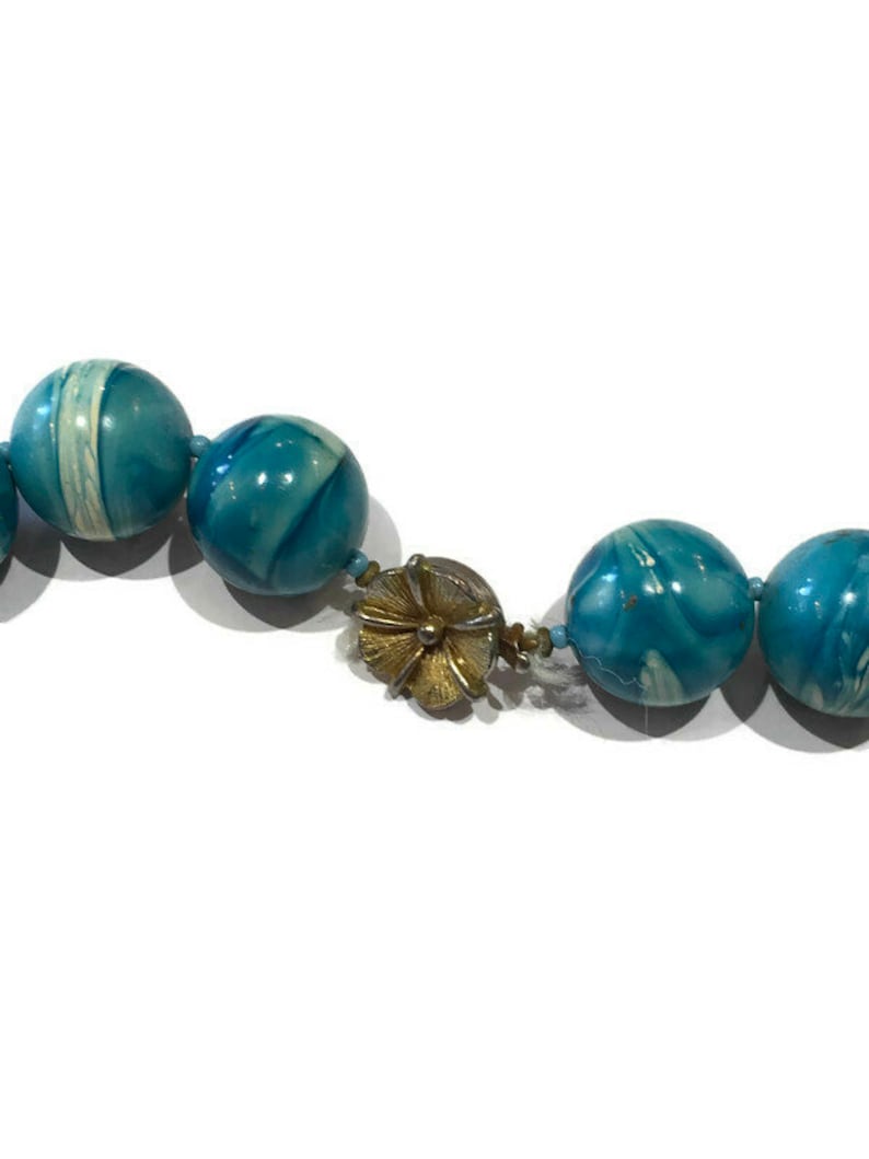 1950/'s Turquoise and White Marble Beaded Necklace with Matching Clip On Earring