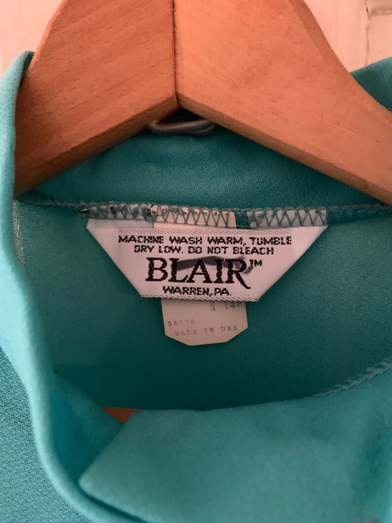 Blair Turquoise Shirt Waist Dress with Belt Rhinestone Flounce Neck Vintage 1970/'s Puffy Shoulder Sheer Sleeves