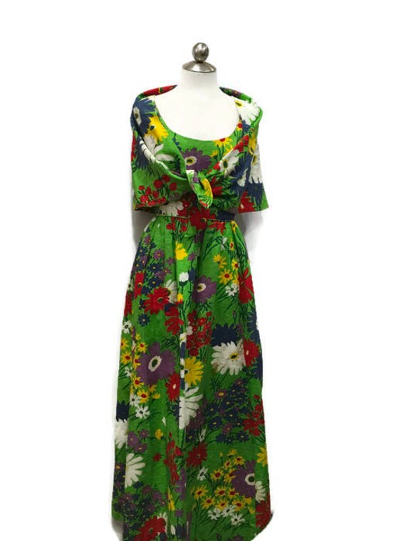 60s Floral Maxi Dress With Cape/shawl 