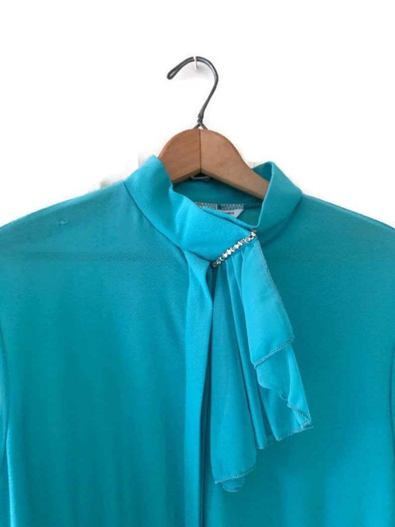 Blair Turquoise Shirt Waist Dress with Belt Rhinestone Flounce Neck Vintage 1970/'s Puffy Shoulder Sheer Sleeves