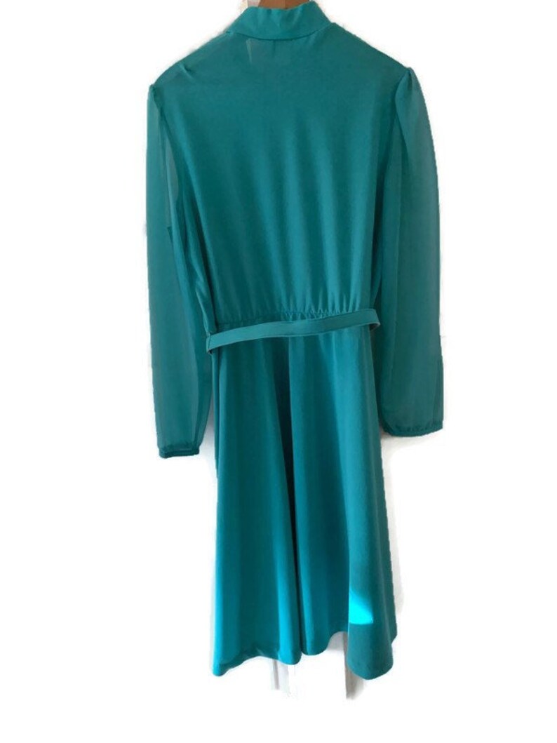 Blair Turquoise Shirt Waist Dress with Belt Rhinestone Flounce Neck Vintage 1970/'s Puffy Shoulder Sheer Sleeves