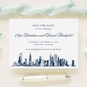 Chicago Skyline Windy City Wedding Save The Date Cards // Wedding Announcement Printed Cards with Envelopes