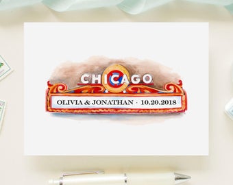 Chicago Theatre Windy City Skyline Wedding Save The Date Wedding Announcement Printed Cards