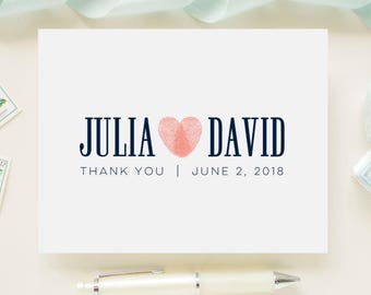 Custom Color Personalized Newlywed Wedding Thank You Cards, Bridal Shower, Wedding Cards with Thumbprint Heart Design