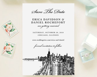 Chicago Skyline Windy City Wedding Save The Date Cards // Wedding Announcement Printed Cards with Envelopes