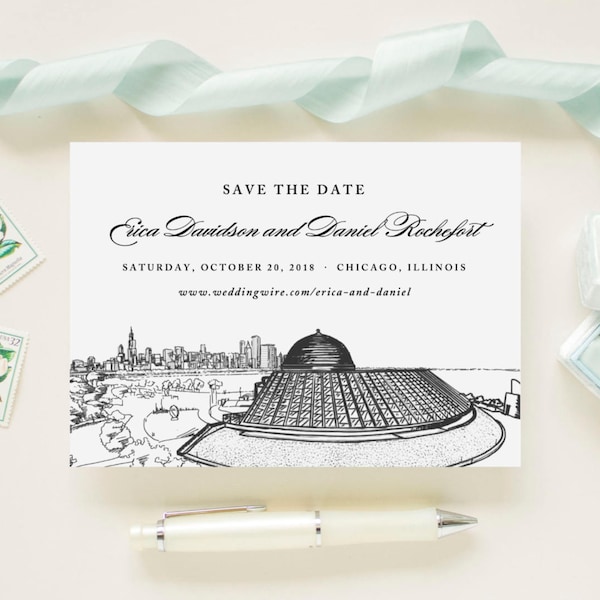 Chicago Skyline Adler Planetarium Windy City Wedding Save The Date Cards // Wedding Announcement Printed Cards with Envelopes