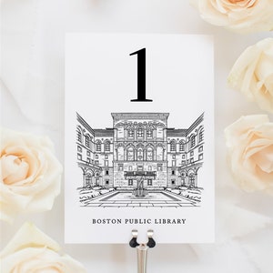 Boston Landmark Table Number Cards | Boston Icon Illustration Drawings | Boston, Massachusetts Wedding Theme  |  New England Wedding