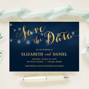 Boho String Light Wedding Save The Dates for Outdoor, Rustic, Garden, Barn, Industrial Wedding - Navy Blue and Faux Gold Foil