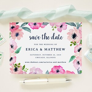 Boho Watercolor Floral Wedding Save The Dates for Garden, Bohemian, Outdoor, Rustic, Barn - Spring Summer Flowers - Light Pink and Fuchsia
