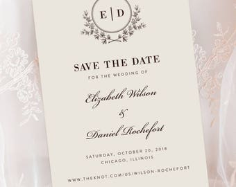 Elegant Script Monogram Save The Date Engagement Wedding Announcement Printed Cards
