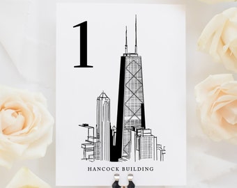 Chicago Landmark Table Number Cards | Chicago Icon Illustration Drawings | Windy City Wedding Theme
