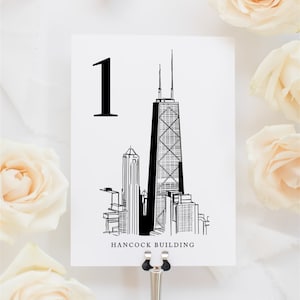 Chicago Wahrzeichen Tischnummer Karten | Chicago Icon Illustration Zeichnungen | Windige Stadt Hochzeitsmotto