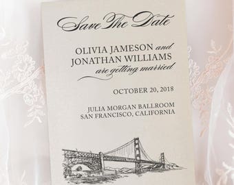 San Francisco Golden Gate Bridge Skyline California Wedding Engagement Save The Date Cards // Wedding Announcement Printed Cards