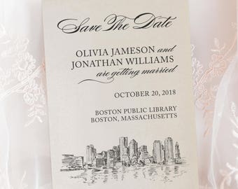 Boston Massachusetts Skyline Wedding New England Engagement Save The Date Cards Wedding Announcement Printed Envelopes