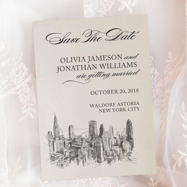 New York City Skyline Empire State Building Wedding Engagement Save The Date Cards // Wedding Announcement Printed Cards