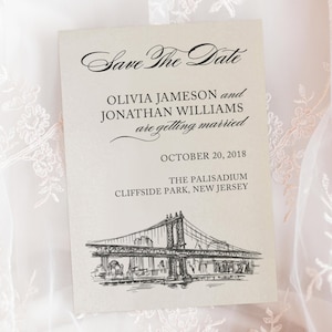George Washington Bridge New Jersey New York City Skyline Wedding Engagement Save The Date Cards // Wedding Announcement Printed Cards
