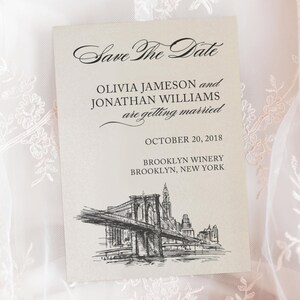 Brooklyn Bridge New York City Skyline Wedding Engagement Save The Date Cards // Wedding Announcement Printed Cards
