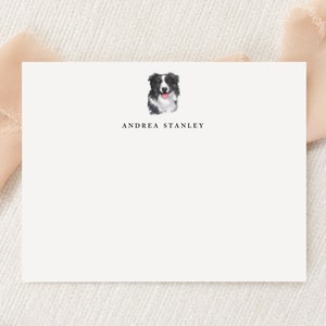 May include: A white card with a black and white border collie dog illustration and the text "ANDREA STANLEY" printed in black.