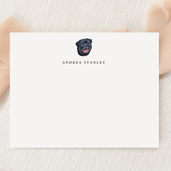 Personalized Custom Pug Black Dog Stationery | Stationary | Monogram | Flat Note Cards and Envelopes | Printed Thank You | Snail Mail Gift