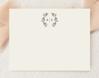 Personalized Monogram Floral Branch Wreath Stationery | Monogrammed Stationary | Flat Note Cards Envelopes | Printed Thank You | Minimalist