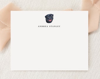 Personalized Custom Pug Black Dog Stationery | Stationary | Monogram | Flat Note Cards and Envelopes | Printed Thank You | Snail Mail Gift