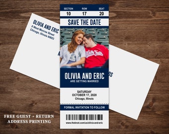 Sports Ticket Save The Date Wedding Announcement Printed Cards, Envelopes, Address Printing - Football, Baseball, Basketball, Soccer, Hockey