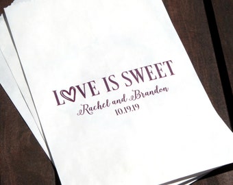 Set of 25 Personalized Custom Love is Sweet Wedding Favor Treat Bags - Candy Buffet, Donuts, Cookies, Popcorn - Wedding, Bridal, Baby Shower