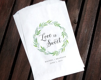 Set of 25 Personalized Love is Sweet Greenery Wedding Favor Treat Bags - Candy Buffet, Donuts, Cookies, Popcorn Wedding, Bridal, Baby Shower