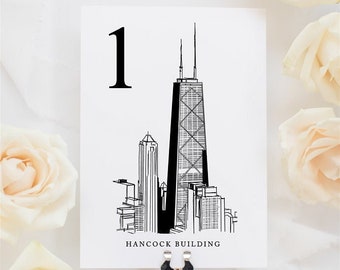 Chicago Landmark Table Number Cards | Chicago Icon Illustration Drawings | Windy City Wedding Theme