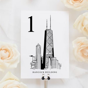 Chicago Landmark Table Number Cards | Chicago Icon Illustration Drawings | Windy City Wedding Theme