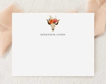Personalisiertes Kundenspezifisches Blumen Longhorn-Stierschädel-Briefpapier | Briefpapier | Monogramm | Flache Grußkarten | Gedruckt Vielen Dank | Western Geschenk
