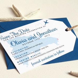Luggage Tag Save The Dates - Printed with Envelopes - for Destination Wedding (Beach, Resort, Travel)