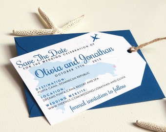 May include: Save the date card for a wedding in Punta Cana, Dominican Republic. The card features a map of the Dominican Republic with a plane and a heart. The text on the card reads "Save the Date for the Wedding Celebration of Olivia and Jonathan, October 17th, 2015. Destination: Punta Cana, Dominican Republic. Location: Dreams Punta Cana Resort and Spa. Wedding Website: www.theknot.com/wedding/jonathan-and-olivia. Formal invitation to follow."