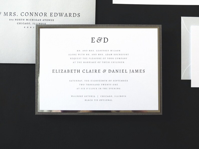 INVITATION SAMPLE Cool Grey Silver Foil Dark Grey Shimmer Formal Modern Layered Monogram Wedding Invitation in White The Aura Suite