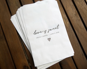 Set of 25 Personalized Custom Love is Sweet Wedding Favor Treat Bags - Candy Buffet, Donuts, Cookies, Popcorn - Wedding, Bridal, Baby Shower
