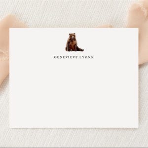 Personalized Custom Bear Lover Stationery | Stationary | Monogram | Flat Note Cards Envelopes | Printed Thank You | Brown Bear Drawing