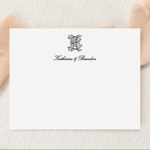 Personalisiertes antikes Vintage Monogramm | Elegantes Hochzeits-Briefpapier | Monogrammiert Briefpapier | Flache Grußkarten Umschläge | Gedruckt Danke