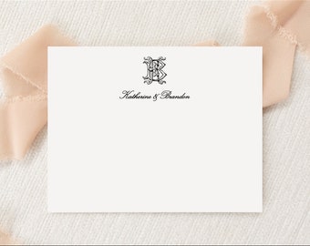 Personalized Antique Vintage Monogram | Elegant Wedding Stationery | Monogrammed Stationary | Flat Note Cards Envelopes | Printed Thank You