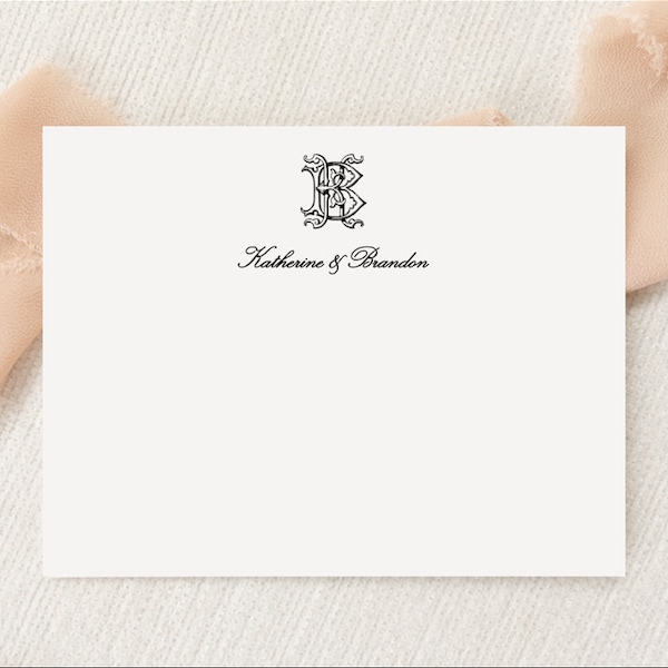 Personalized Antique Vintage Monogram | Elegant Wedding Stationery | Monogrammed Stationary | Flat Note Cards Envelopes | Printed Thank You