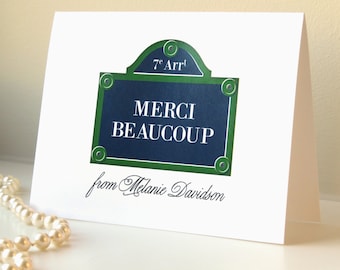 Personalized Merci Beaucoup Paris Street Sign | Folded Cards, Envelopes | Note Card Set | Printed Thank You | French Stationery / Stationary